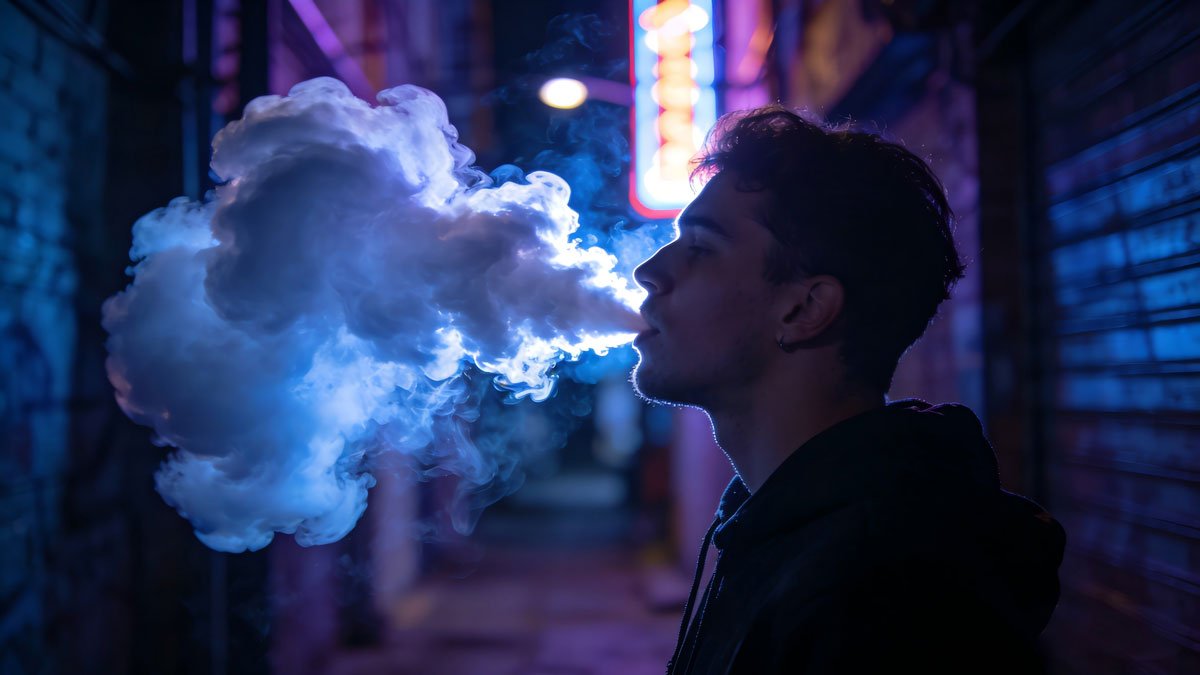 A cloud chaser exhaling a huge plume of vapor using the direct-to-lung technique.
