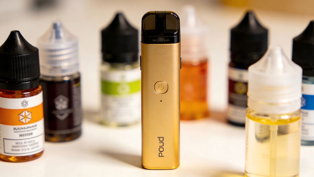 A collection of e-liquid bottles next to a pod system, illustrating the variety of choices available.