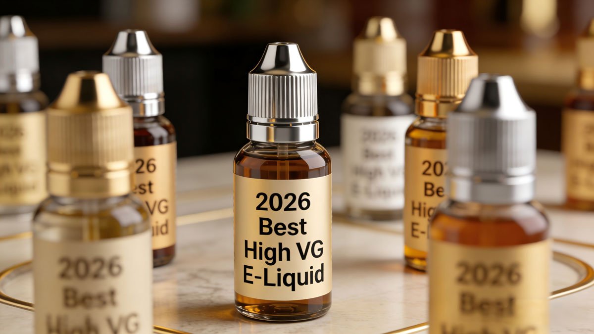 A collection of the best high VG e-liquid bottles for 2026 arranged on a stylish surface.