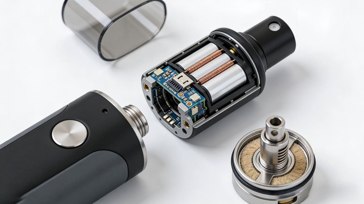 A disassembled reusable vape kit showing the battery pod and coil components