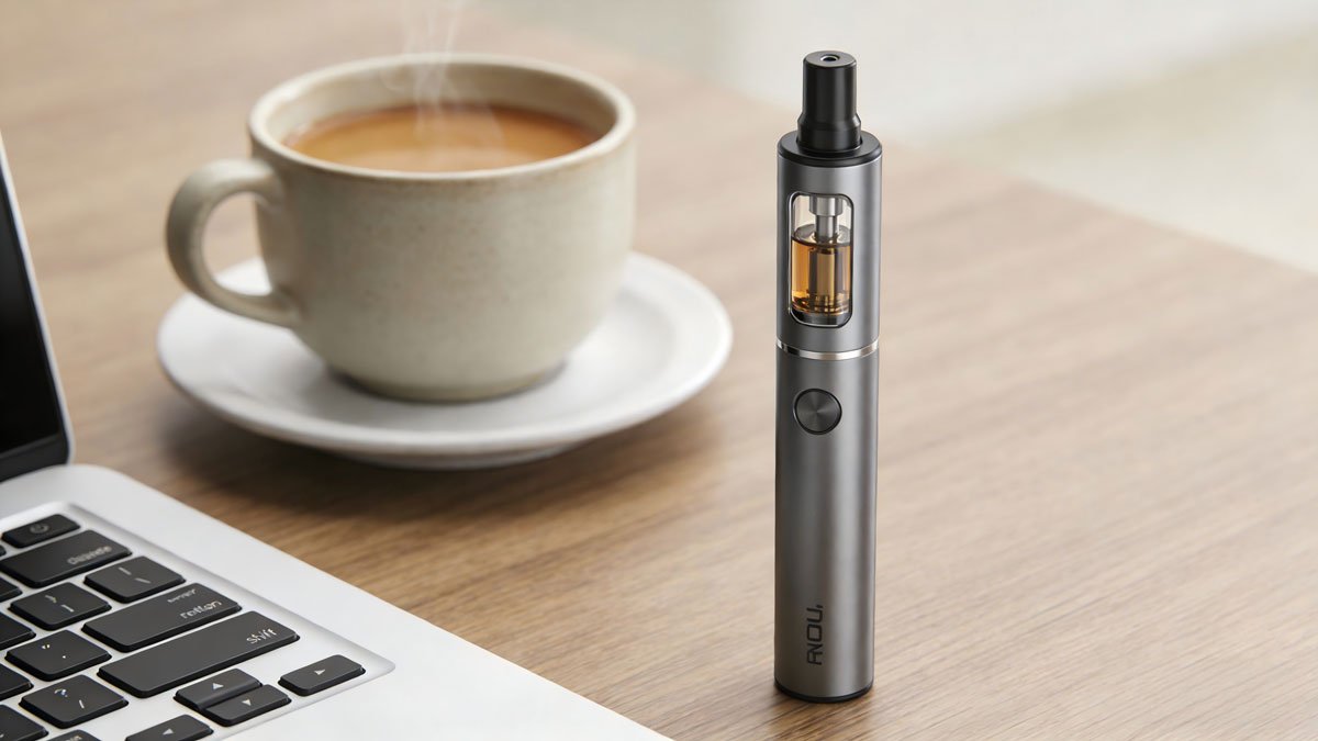 A modern nicotine vape pen on a desk next to coffee