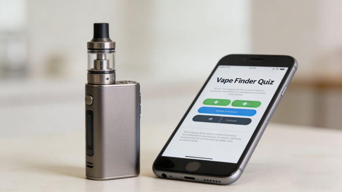 A modern vape device next to a smartphone displaying a vape finder quiz