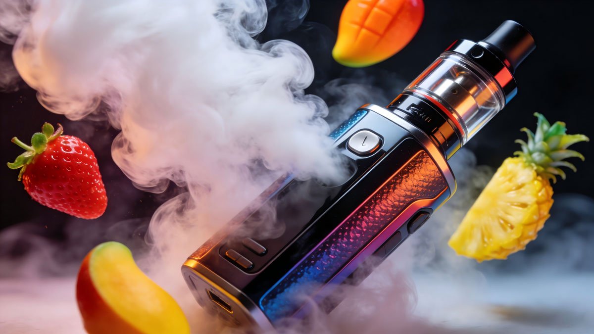 A modern vape device producing thick vapor with colorful fruit accents