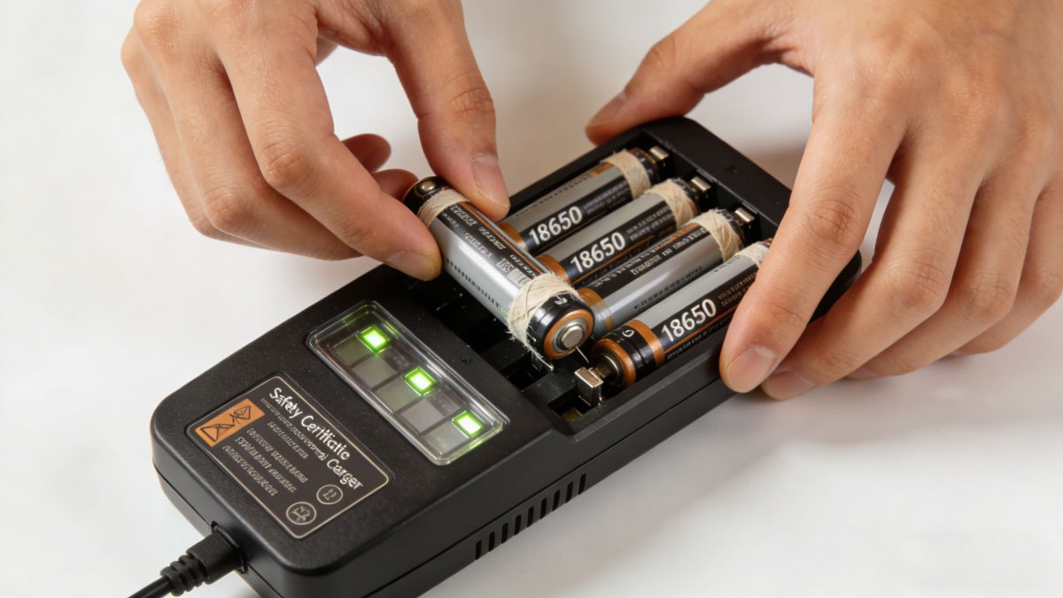 A person carefully inserting 18650 batteries into an external charger, emphasizing vape battery safety.