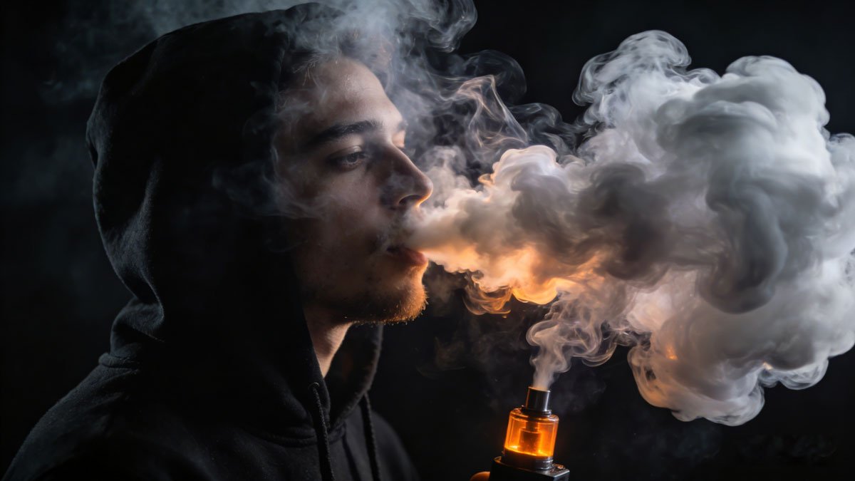 A person exhaling a massive thick plume of vape smoke against a dark background