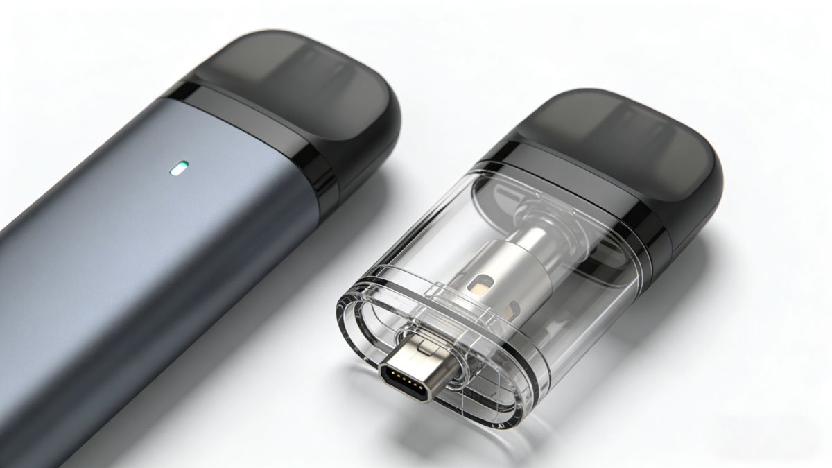 A pod system vape shown in two parts: the battery body and the separate e-liquid pod.