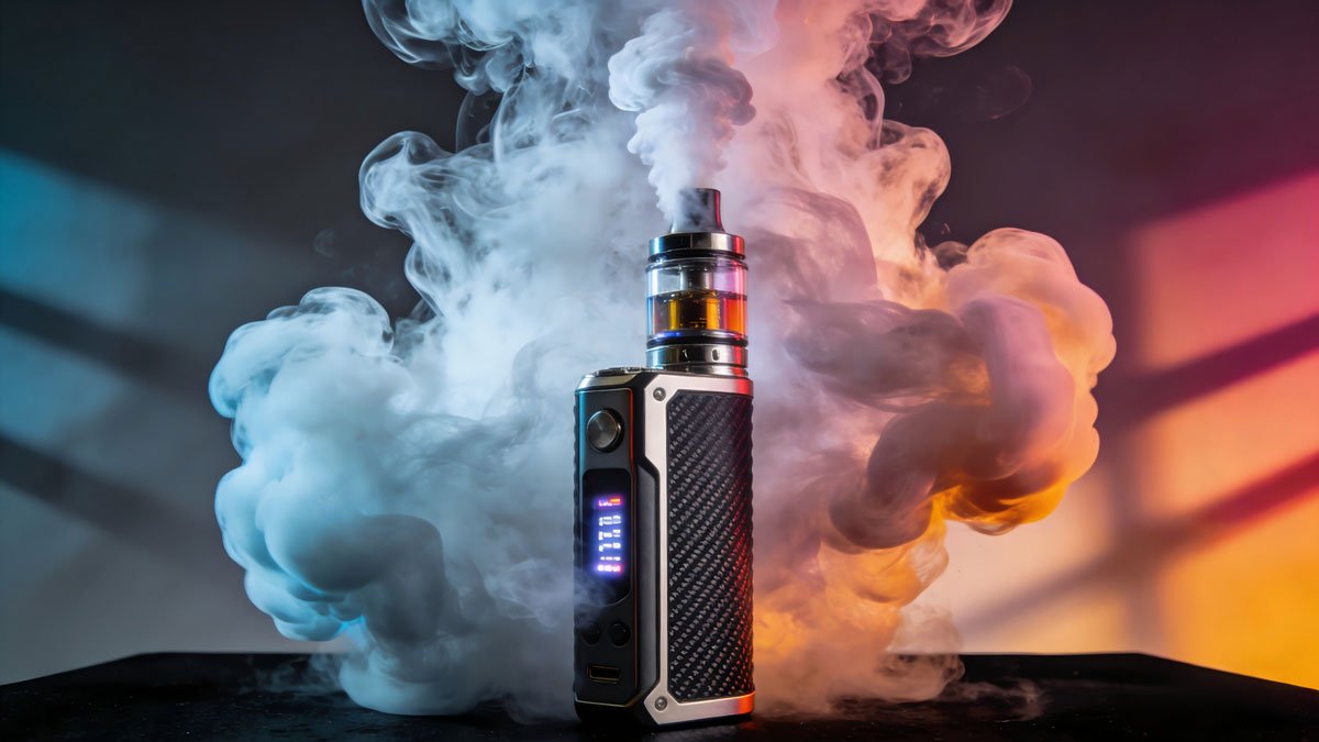 A powerful vape mod and tank producing a giant cloud of vapor in a studio setting.
