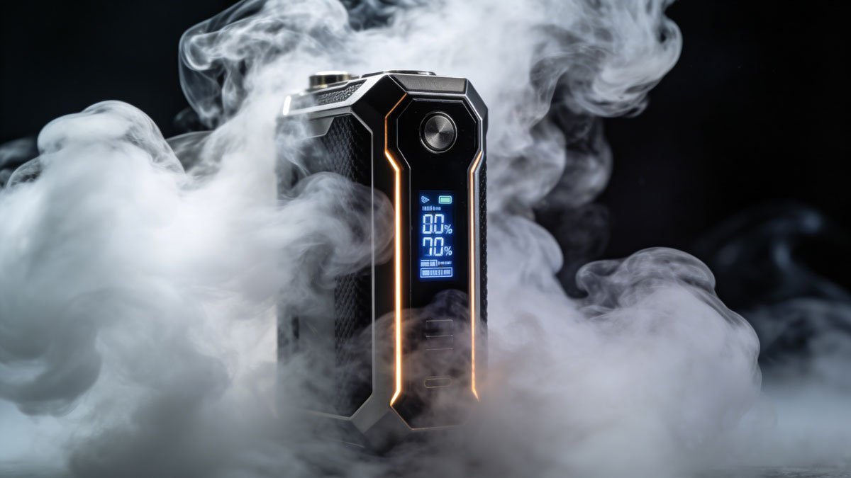 A sleek high-wattage vape mod surrounded by thick white vapor clouds