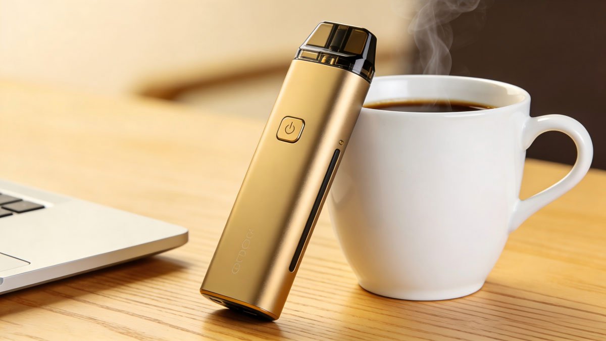 A sleek modern vape pod system resting on a clean wooden desk next to a cup of coffee