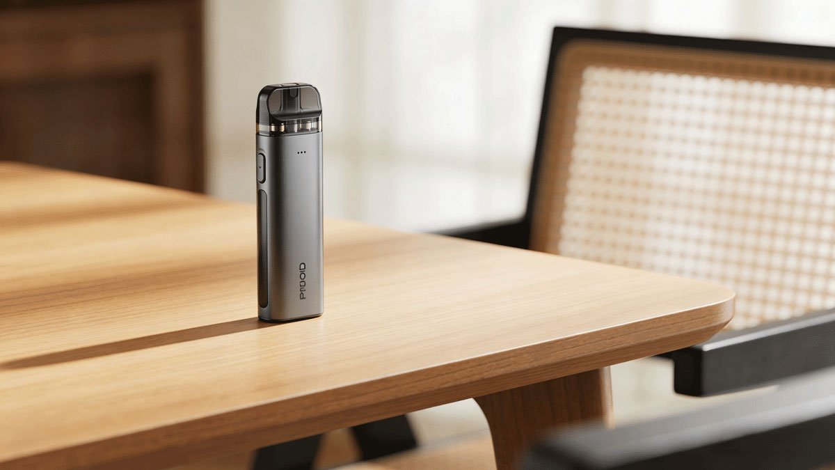 A sleek modern vape pod system resting on a clean wooden table