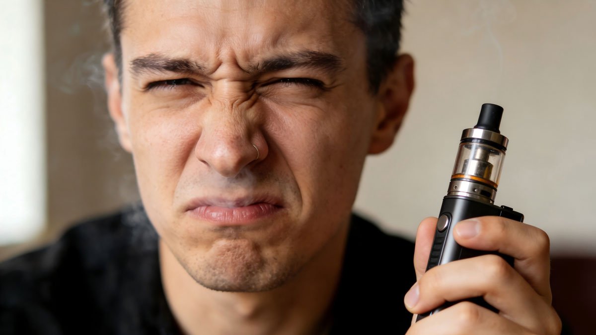 A vaper making a disgusted face after trying a terrible vape flavor