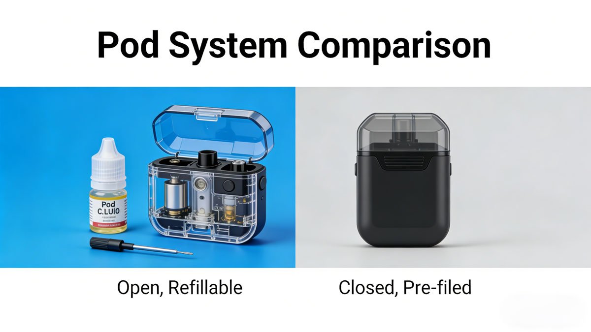 A visual comparison showing an open, refillable pod system on the left and a closed, pre-filled pod system on the right.