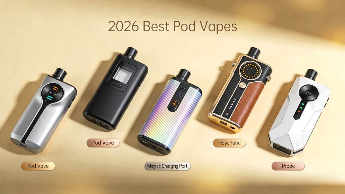 An artistic arrangement of the best pod vape systems of 2026 on a clean, modern background.