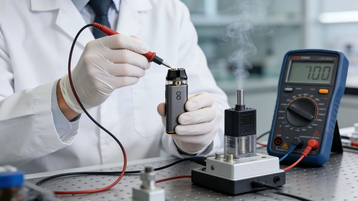 An expert technician testing the performance of a pod vape system in a clean, professional setting.