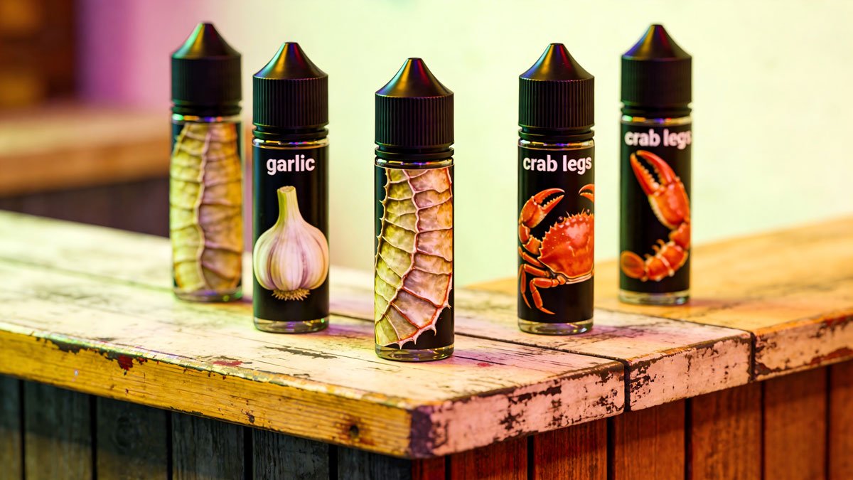 Bizarre vape juice bottles with gross food labels like garlic and crab legs sitting on a wooden counter
