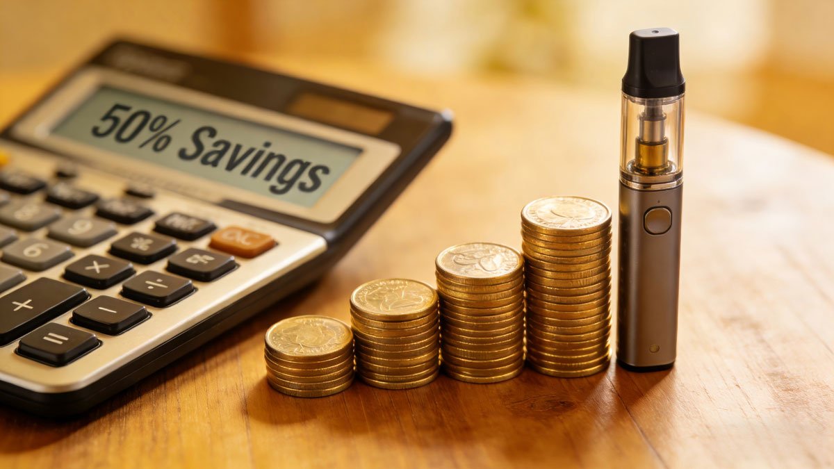 Calculator and coins next to a vape showing financial savings