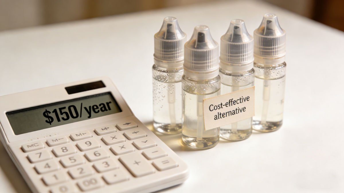 Calculator next to vape juice bottles representing cost savings