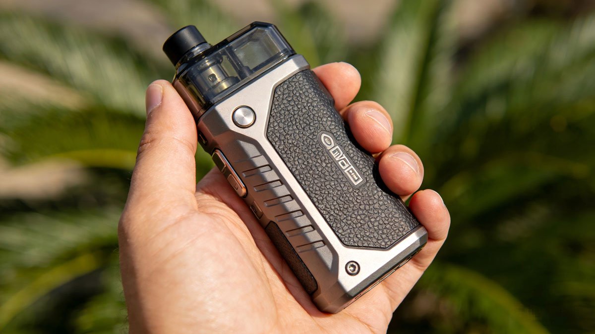 Close up of a durable vape pod system held outdoors
