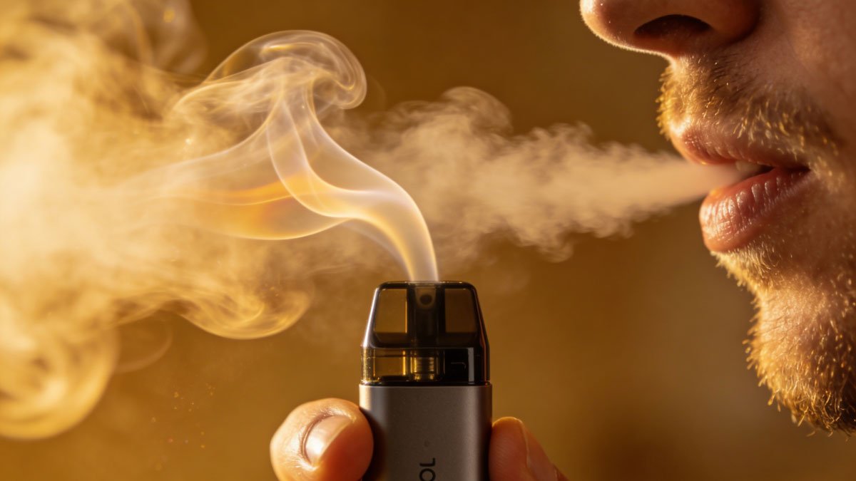 Close up of a person exhaling a small smooth cloud of vapor from a compact pod system vape