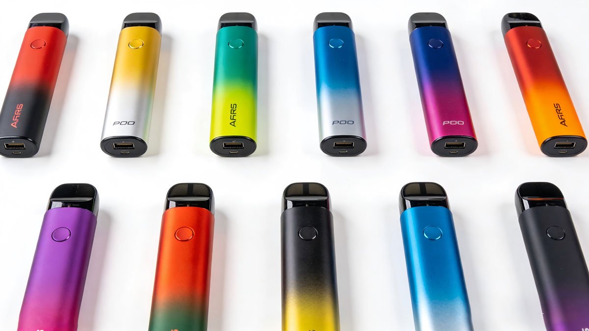 Collection of modern colorful disposable vapes arranged neatly