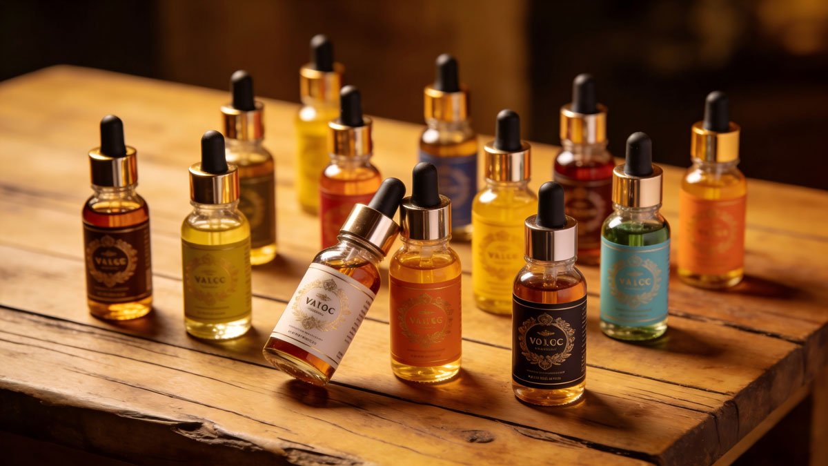 Collection of premium vape juice bottles on a wooden table