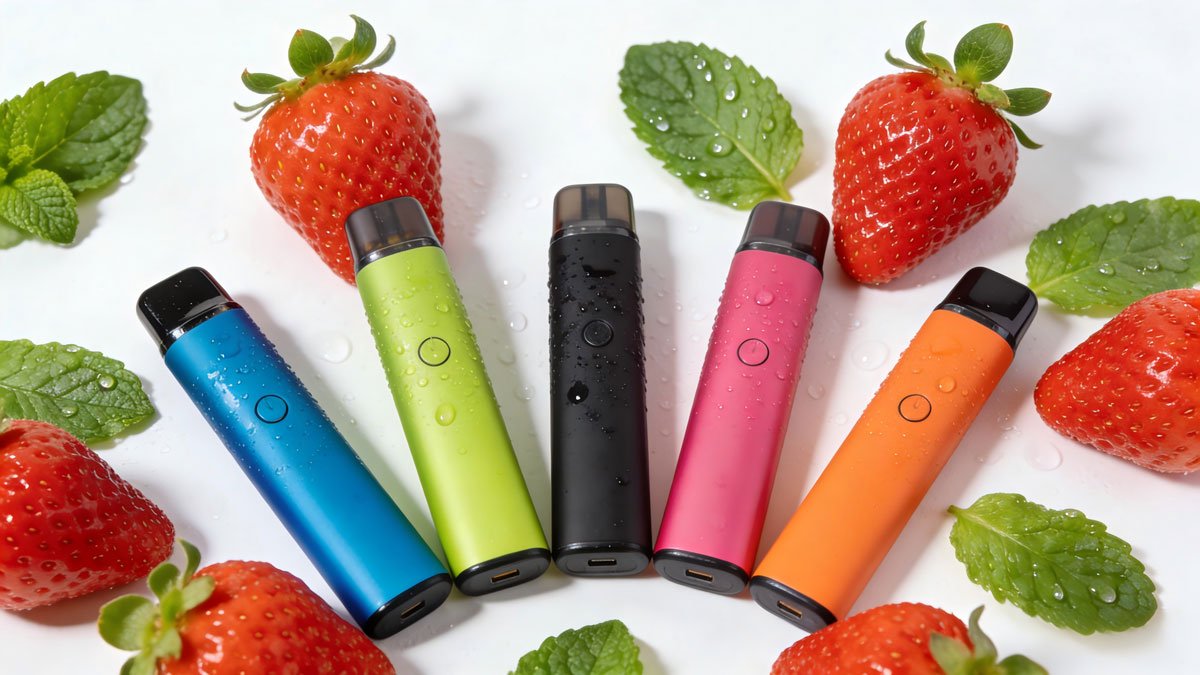 Colorful disposable vapes arranged with fresh strawberries and mint leaves