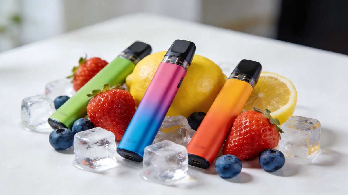 Colorful disposable vapes surrounded by fresh fruits and ice cubes on a clean table