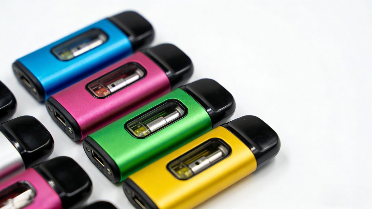 Colorful refillable vape pod systems arranged neatly