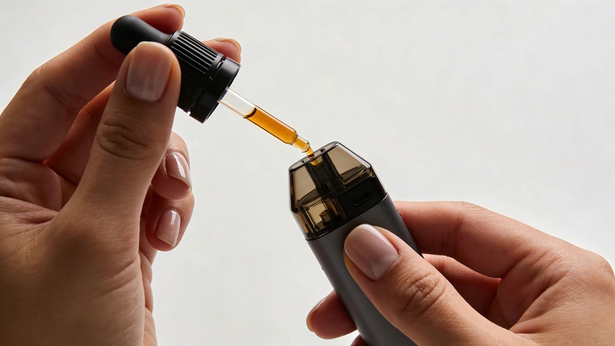 Hands carefully filling a vape pod with e-liquid