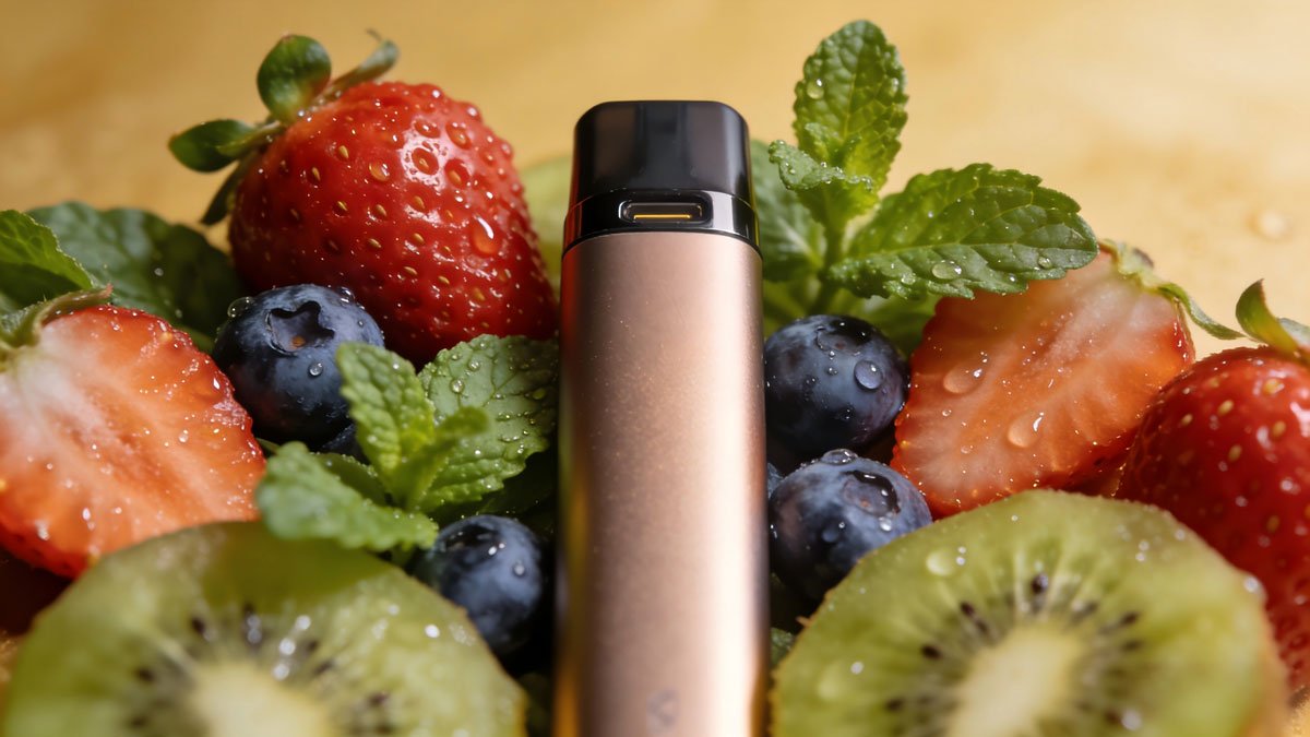 High-quality disposable vape device surrounded by fresh fruits and mint leaves