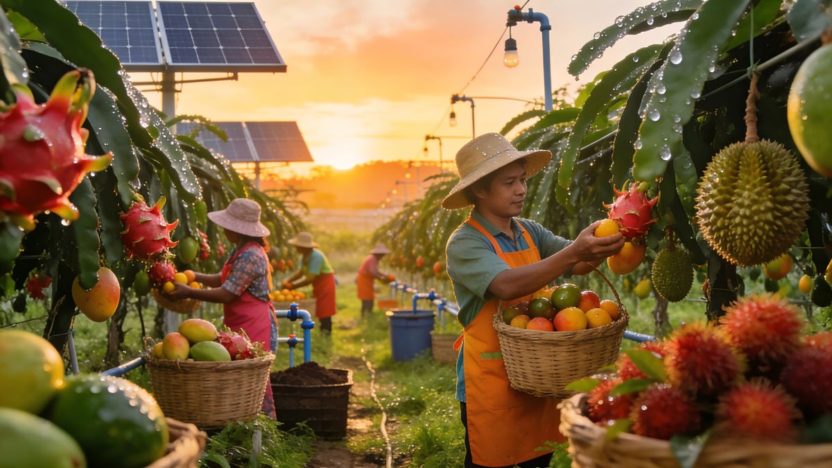Lush green sustainable fruit farm at sunrise with workers harvesting ripe exotic fruits