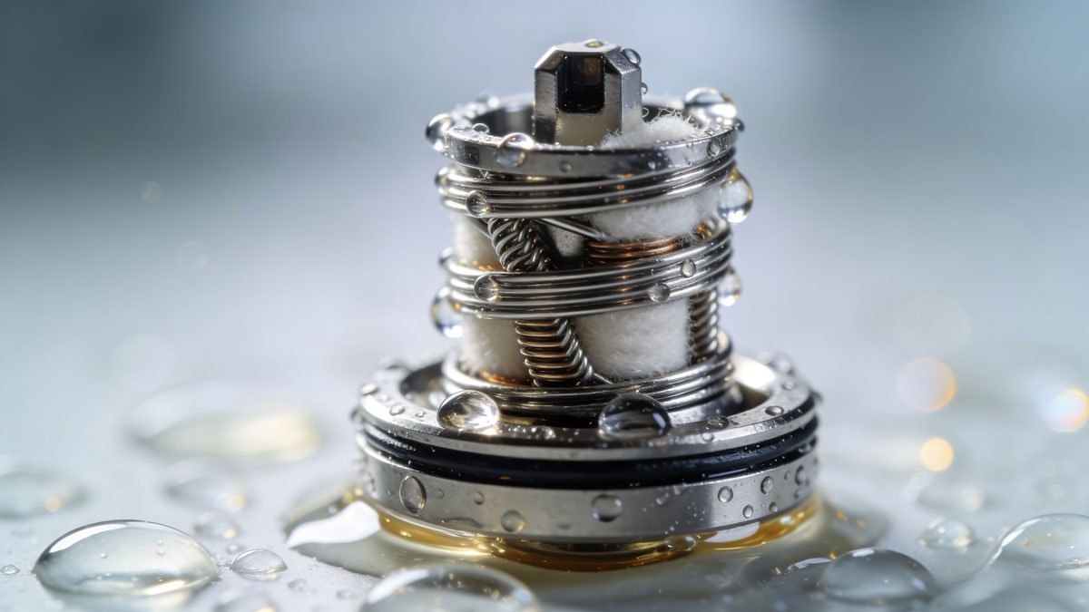 Macro photography of a modern vape coil with e-liquid droplets