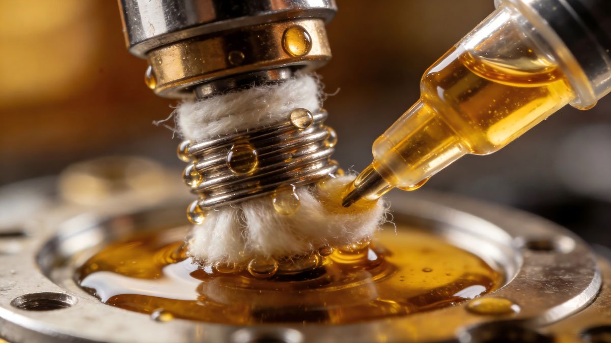Macro photography of a vape coil and cotton wick being primed with e-liquid