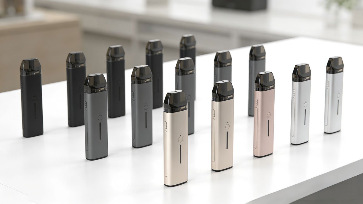 Modern sleek reusable vape pod systems arranged neatly on a clean white table