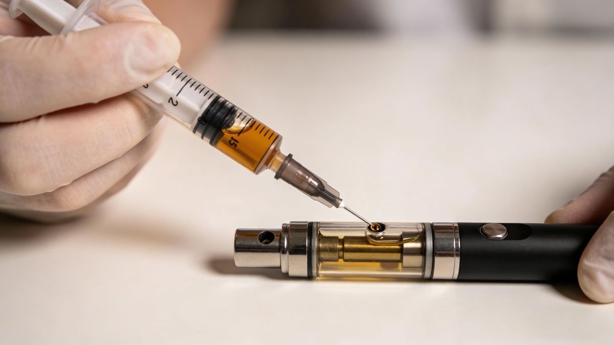 Person refilling a vape cartridge with a syringe