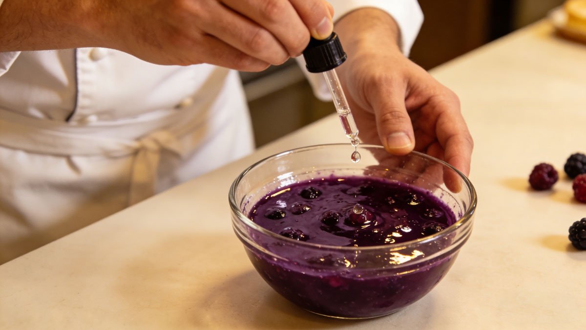 Professional pastry chef adding fruit flavor drops into a berry glaze