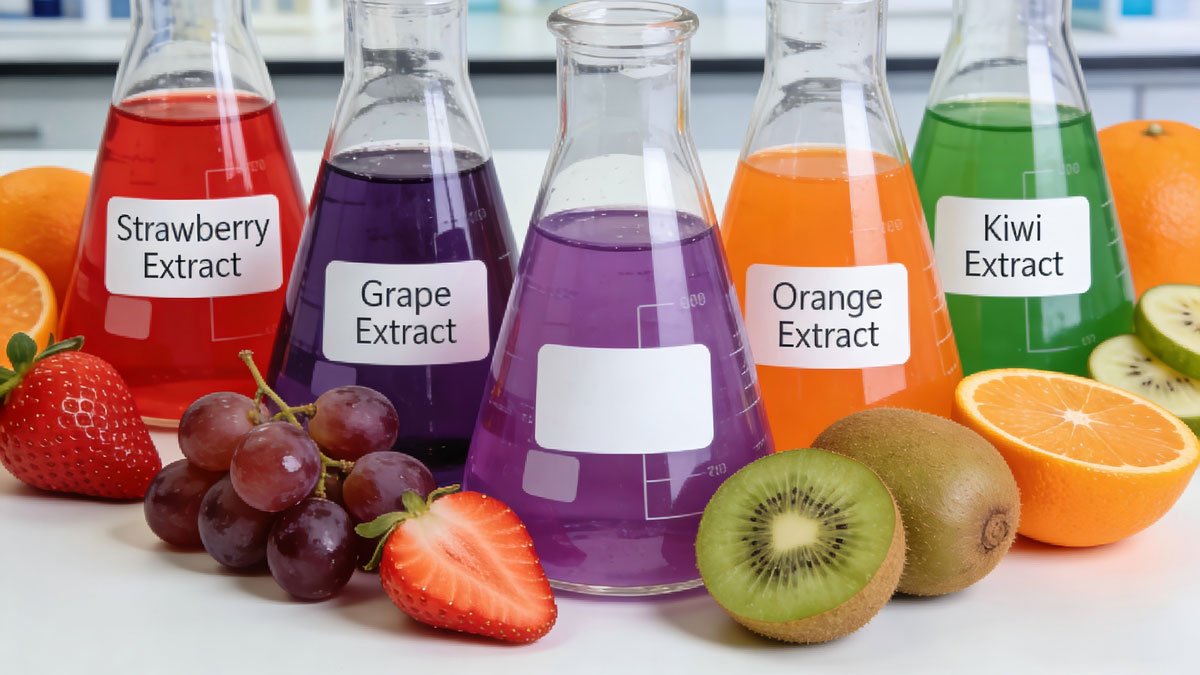 Scientific laboratory setup with colorful fruit extracts in beakers surrounded by fresh fruits