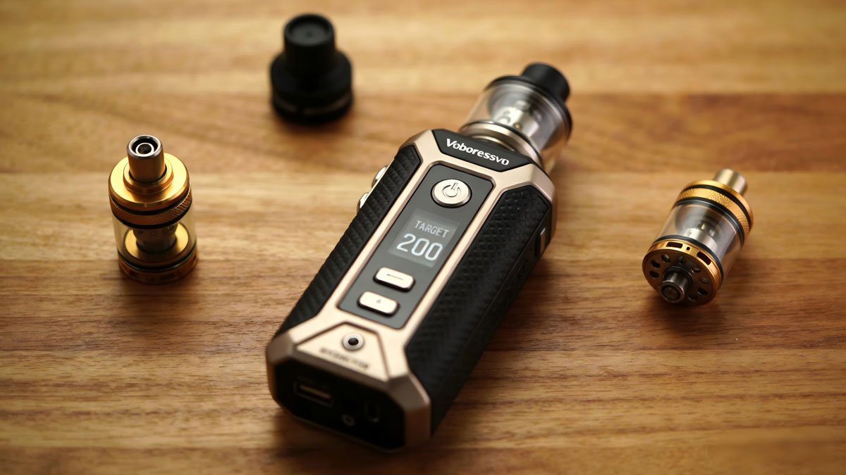 The Vaporesso Target 200 kit, known for its excellent flavor, displayed on a wooden surface.