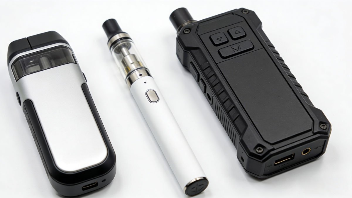 Three different styles of vape devices including a pod, pen, and box mod