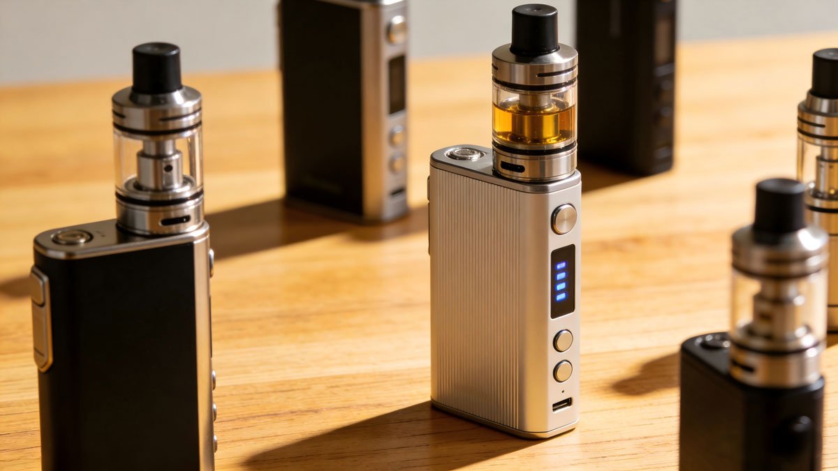 Various modern vape starter kits displayed on a wooden table