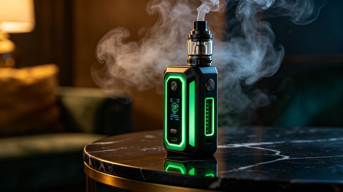 Cinematic lighting, 8k resolution, photorealistic, macro shot of a sleek modern high-wattage box mod vape on a dark marble table, glowing neon green accents, elegant thick vapor trails in the background, high-end commercial product photography, shallow depth of field, sharp focus