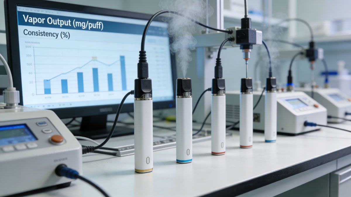A clean, scientific-looking laboratory setup where different disposable vapes are being tested by machines for vapor output and consistency, with data charts visible on a monitor in the background.