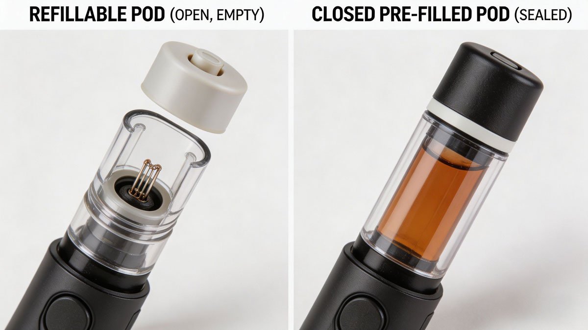 A close-up comparison of an open refillable vape pod system and a closed pre-filled pod system