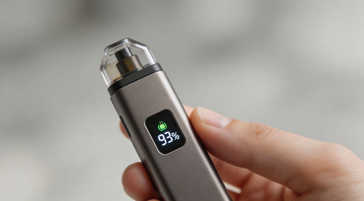 A close-up shot of a person holding a sleek MTL pod vape system. The image highlights the device's small form factor, digital battery display, and modern 2026 design aesthetics.