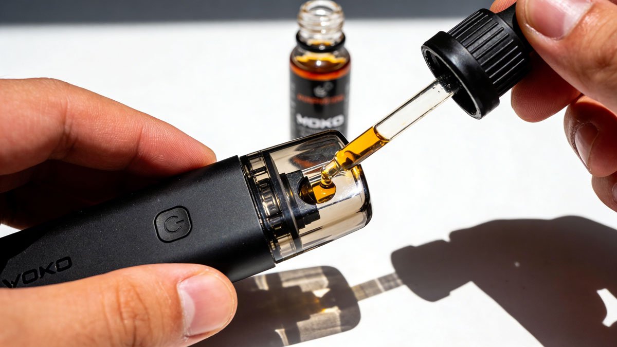 A close-up view of a person filling a vape pod with e-liquid, illustrating the proper filling technique to avoid spills.