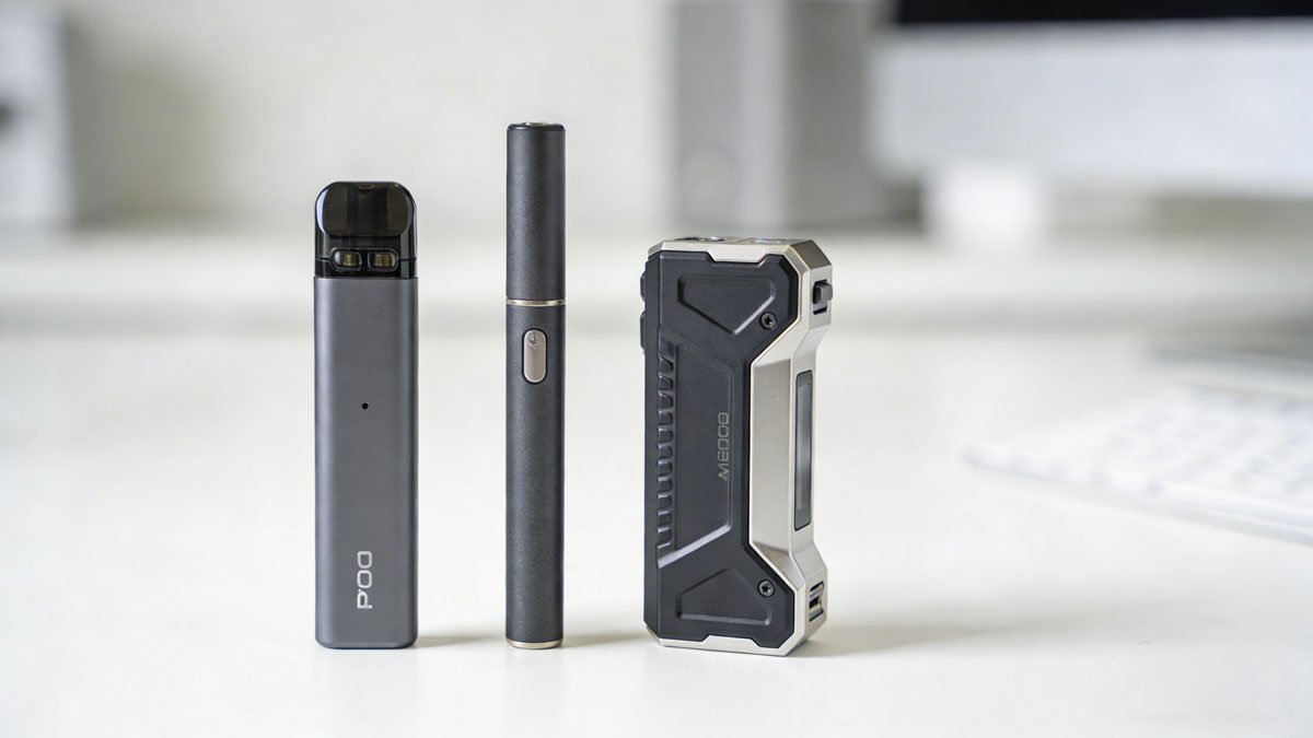 A collection of different types of vape kits including a pod system, a vape pen, and a box mod, arranged on a clean, modern surface.
