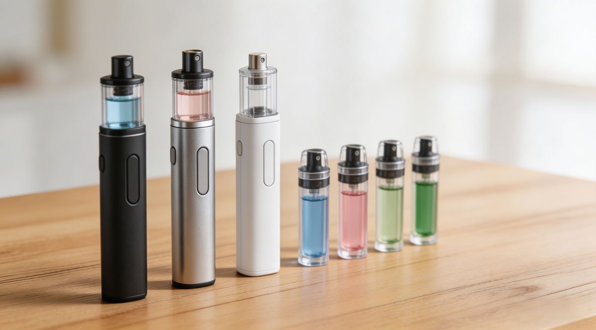 A collection of modern, durable refillable vape pens and pod systems neatly arranged on a wooden table