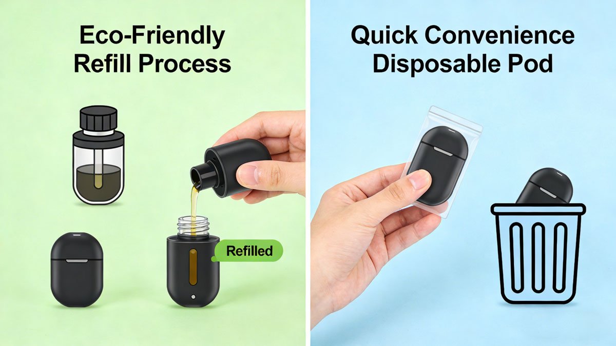 A comparison image showing the eco-friendly process of refilling a pod versus the quick convenience of a disposable pod.