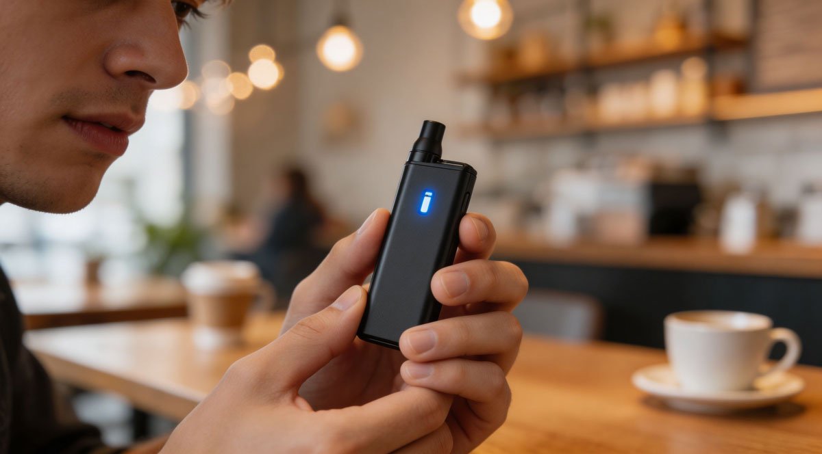 A close-up shot of a person holding a sleek vape pod system, checking the battery indicator light, with a blurred background of a modern cafe.