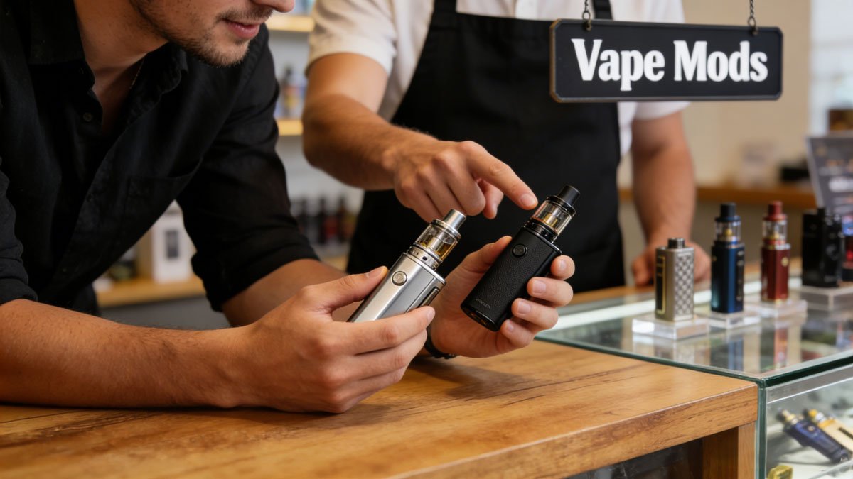 A customer at a vape shop counter examining two different vape mods with the help of a store employee.